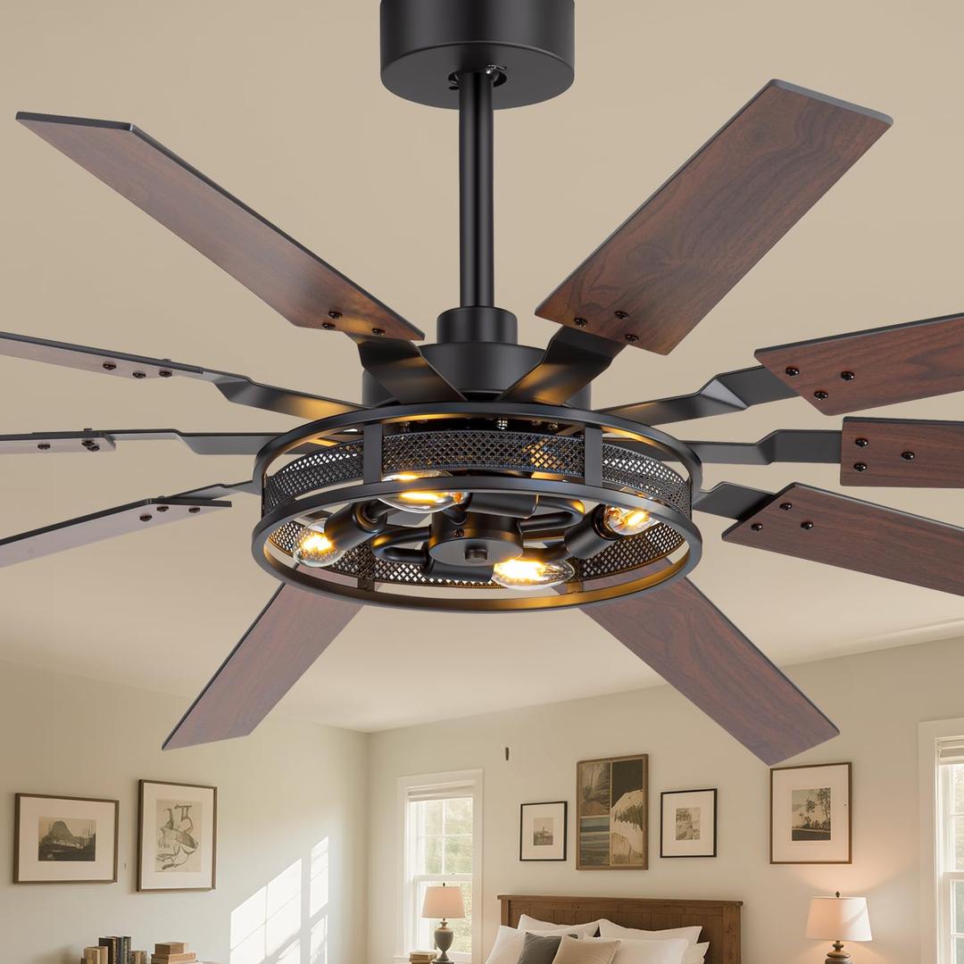 60 Inch Farmhouse Ceiling Fans with Rustic Lights, Caged Ceiling Fans with Remote, Industrial Ceiling Fan with Reversible DC Motor, Antique Flush Mount Fan with Chandelier for Living Room Bedroom