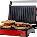 OVENTE Electric Indoor Panini Press Grill and Sandwich Maker with Non-Stick Coated Plates, Cool-Touch Handle and Removable Drip Tray, Opens 180 Degrees to Fit Any Type or Size of Food, Red GP0620R