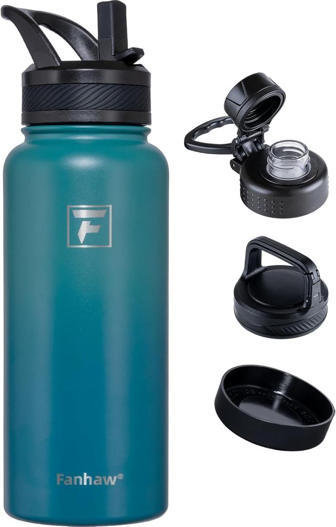 Fanhaw 32 oz Insulated Water Bottle Portable Stainless Steel Flask with 3 Lids (Straw, Spout, Carabiner) | Leakproof, for Gym, Hiking, Work, Travel & Everyday Use (Green Blue)