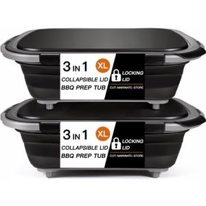2-Pack XL Collapsible BBQ Prep Tub with Stainless Steel Cutting Board for Grilling Outdoor Cooking,with Locking Lid - for Meal Prep Marinating Food Storage,Large Food-Safe Container,Gifts for Men
