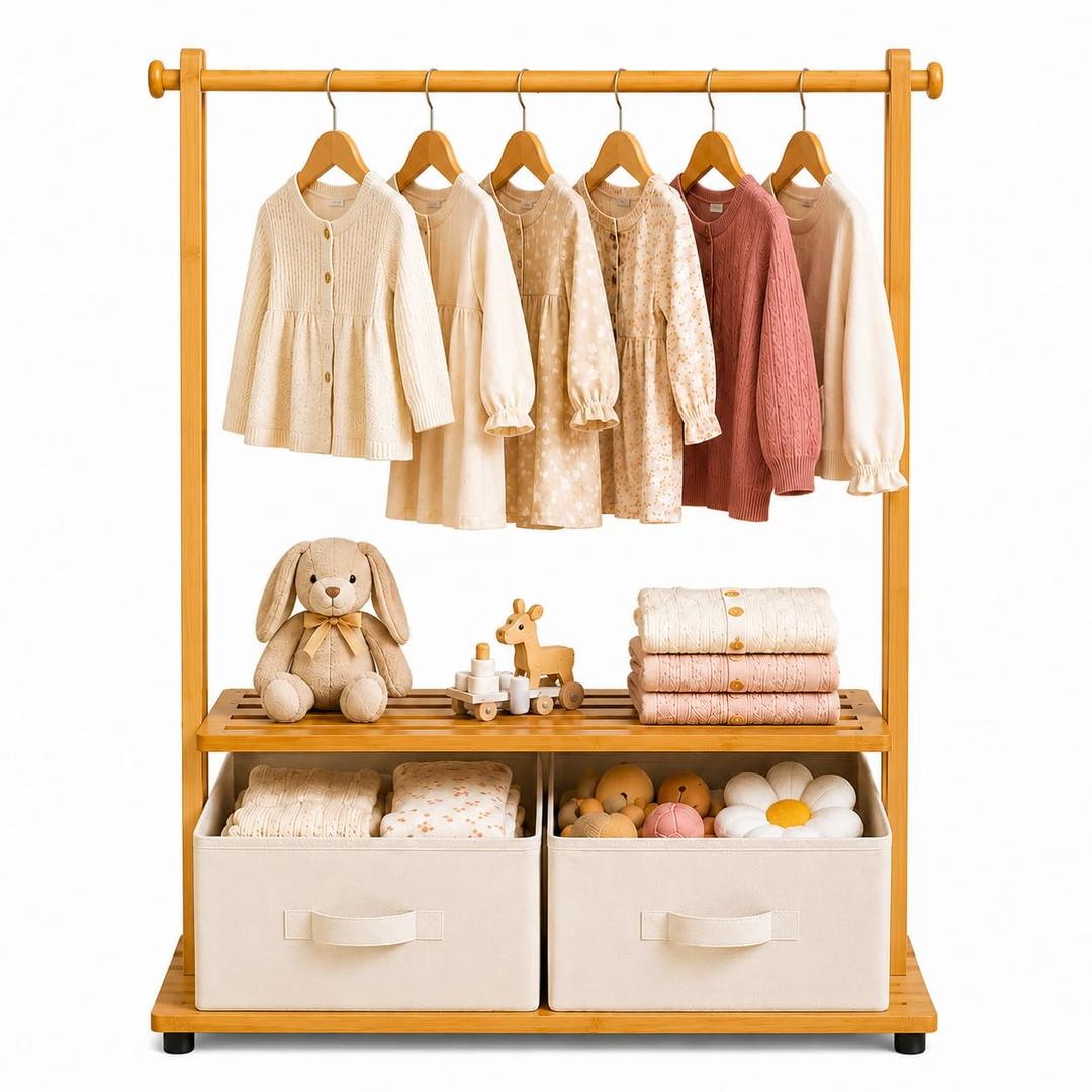 BAMBOOHOMIE Kids Clothing Rack with 2 Storage Bins, Bamboo Toddler Dress Up Rack with Adjustable Rods & Bottom Shelves, Baby Clothes Garment Rack for Nursery Bedroom Playroom (Natural)