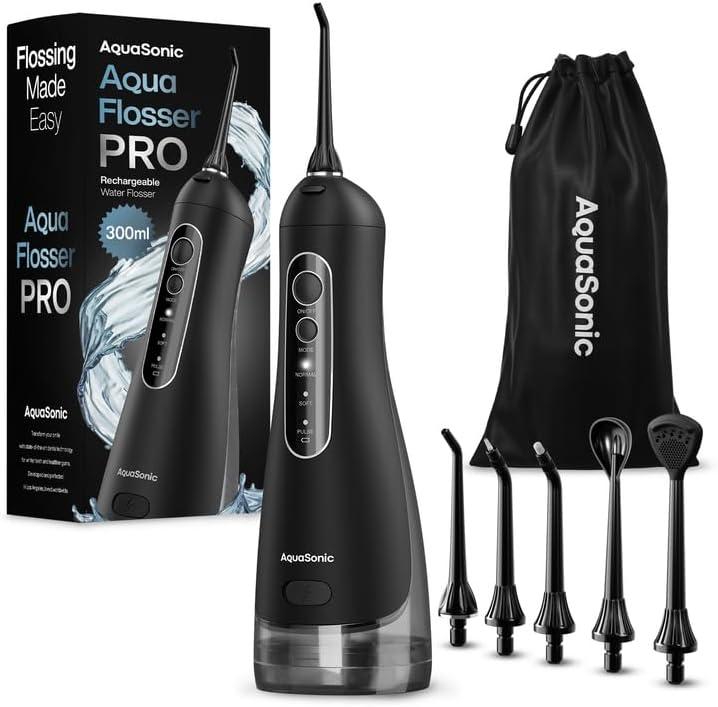 AquaSonic Aqua Flosser PRO - Rechargeable Cordless Water Flosser for Teeth, Gums & Tongue - Modern Design, 300ml Large Tank, 6 Jet Tips with Deluxe Tongue Nozzle, 3 Modes, Waterproof Black