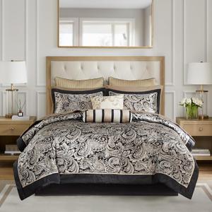 Madison Park Aubrey Cozy Comforter Set, Faux Silk Jacquard Paisley Design - All Season Down Alternative Bedding with Cotton Bed Sheets, Bed Skirt & Toss Pillows, King Black 12 Piece (Black Biab 12pcs)