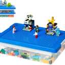 Toys Storage Organizer Box for Lego, Toy Box with Building Plate Lid and Removable Tray, Building Block Storage, Stackable Plastic Organizer Bins, Blue and Red