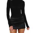 FWBBG Womens Bodycon 2 Piece Mini Skirt Set Long Sleeve Mock Neck Bodysuit Top Layered Satin Mini Skirts Party Club Dresses (US, Alpha, X-Small, Regular, Regular, Black) Size XS