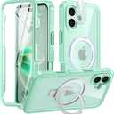 Oneagle Magnetic Stand for iPhone 16 Plus [Fit for MagSafe], 360 Full Body Shockproof Case with 9H Glass Screen Protector, Magnetic Ring Kickstand, Camera Protector, Soft TPU Bumper (Green/Clear)