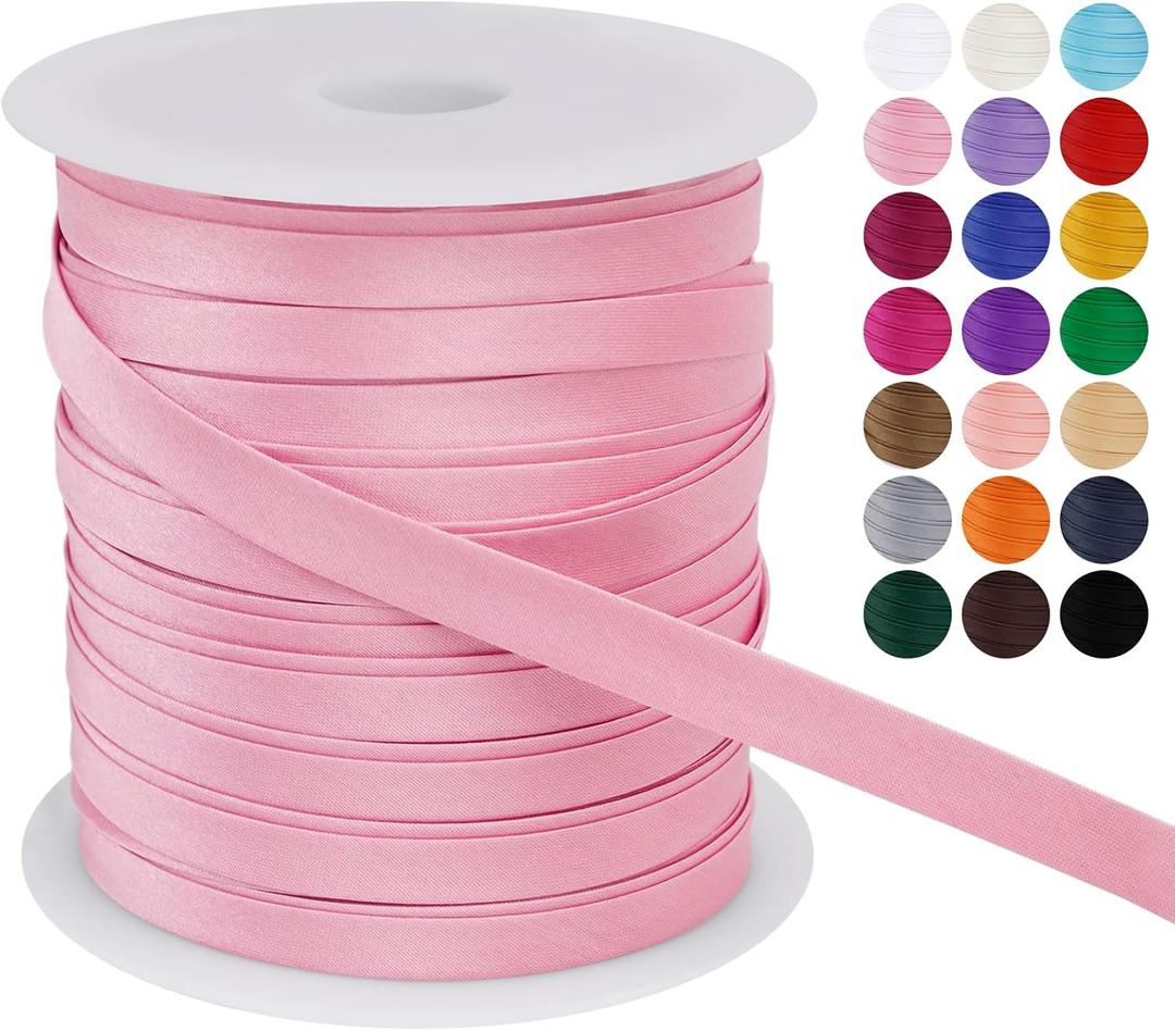 LEREATI Satin Bias Tape Double Fold 2/5 Inch x 55 Yards, Bias Tape for Sewing, Polyester Quilt Binding Tape, Piping Trim Fabric Tape for Hemming, Seaming, DIY Crafts (Light Pink)