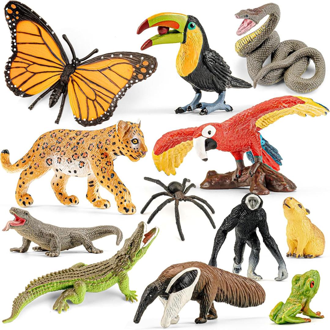 12PCS Realistic Rainforest Animal Figurines Toys, Rainforest Diorama Supplies Party Favor, Jungle Animals Figures Toys Learning Toys for Toddlers Boys Girls, Valentine's Day Gifts for Kids