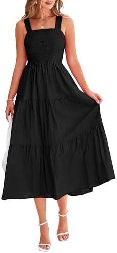 PRETTYGARDEN Midi Dress for Women 2025 Summer Smocked Ruffle A Line Long Flowy Dresses Cute Sleeveless Beach Sundress, Size Large 
