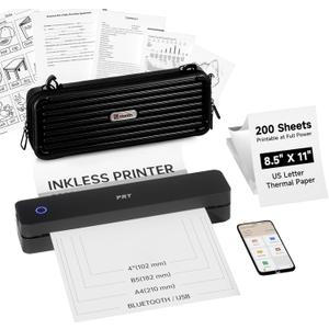 PRT Portable Printer Wireless for Travel, Thermal Inkless Printer for Home Use, Come with Carry Case& 200 Sheets Thermal Paper, Support 8.5x11 US Letter&A4 Thermal Paper, Compatible with Phone Laptop