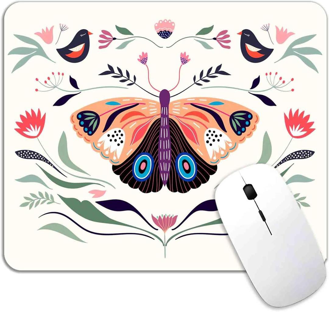 Butterfly Floral Mouse Pad Mat, Premium-Textured Washable Flowers and Plants Cute Mousepad White, Non-Slip Rubber Base Computer Mice Pad with Design, 9.5 inch x7.9 inch, Pink Orange Colofull