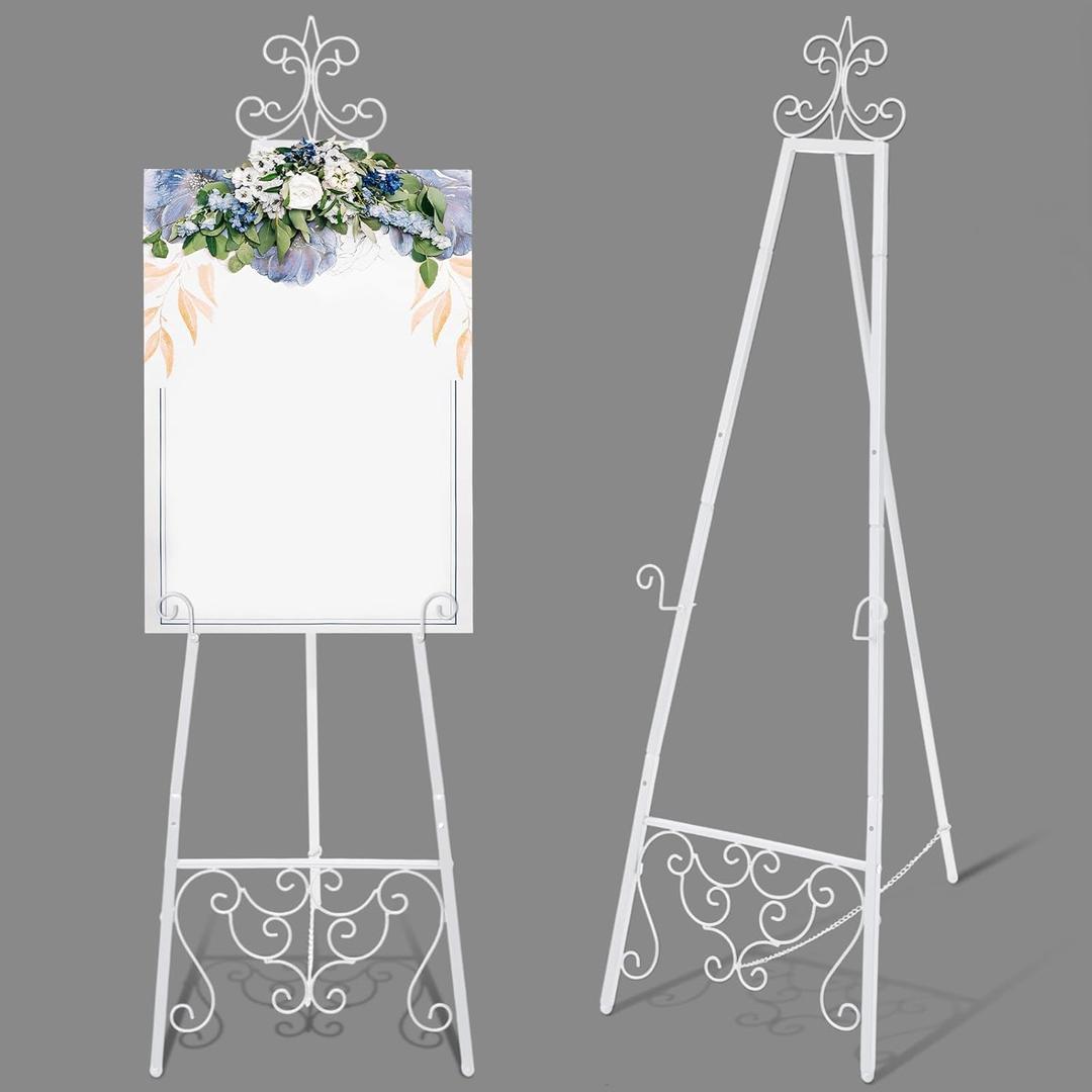 White Easel Stand for Wedding Sign, 55'' Adjustable Vintage Scroll Floor Display Stand with Chain Support for Welcome Poster, Photo, Art, Decorative Event Display (55'' x 18.25'')