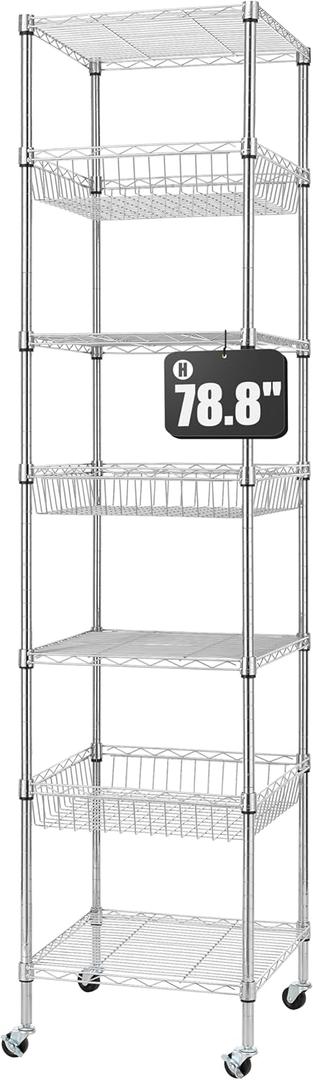 Finnhomy Heavy Duty 7 Tier Wire Shelving Unit with Wheels 18x18x78.8-inches 7 Shelves Metal Storage Rack Thicken Steel Tube, Adjustable Shelving Rack for Kitchen Bathroom Office, NSF Certified, Chrome
