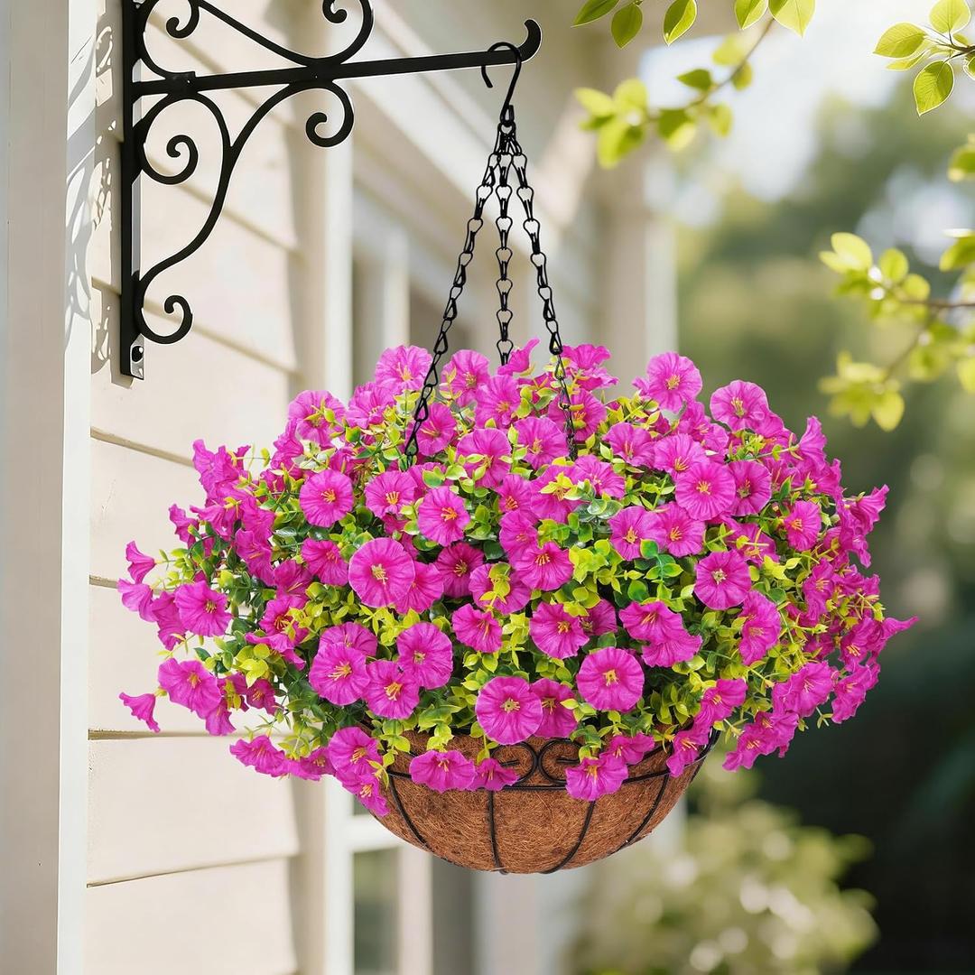 Yastouay Artificial Hanging Flowers for Outdoors, Fake Hanging Plants with Baskets, UV Resistant Hanging Flowers Fake Flowers for Outdoors Porch Patio Garden Spring Summer Decor(Purple Red)