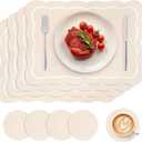 Set of 4 Beige Vinyl Placemats with Coasters 16.5 Inch Beige Scalloped Vinyl Placemats Waterproof Faux Leather Place Mats Wipeable Heat Resistant for Kitchen Dining Table Decor