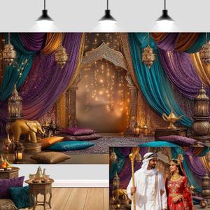 7x5ft Arabian Moroccan Nights Party Photography Backdrop, Moroccan Nights Purple Blue Curtain Lamp Luxurious Princess Wedding Birthday Baby Shower Party Background Decorations Photo Studio Props
