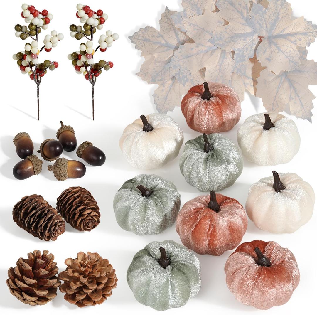 Artmag 25 PCS Pumpkin Decor Set, Artificial Fabric Pumpkins Decor with Acorns, Pinecones, Berries, Maple Leaves for Fall Halloween Thanksgiving Decorations Home Table (Style 6)