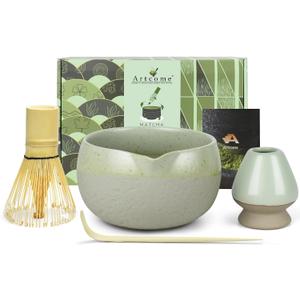 Artcome Matcha Tool Set Bowl with Pouring Spout, Whisk, Whisk Holder, Tea Scoop, Matcha Strainer, Tea Spoop, Tea Scoop Holder, Tea Cloth  Traditional & Refined (Coffee)