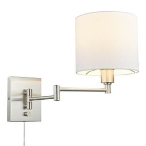 Globe Electric Anderson 1-Light Brushed Steel Plug-In Swing-Arm Wall Sconce with White Fabric Shade and 6-Foot Cord, Bulb Included, 51627