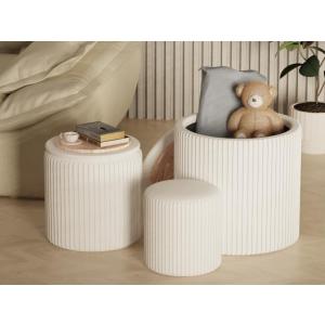 Ottoman with Storage, Velvet Round Storage Ottoman Set of 3, Multifunctional Upholstered Vanity Stool, Modern Cute Ottoman Foot Rest for Living Room Bedroom, Coffee Table, Beige
