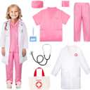 Meland Doctor Costume for Girls - Kids Scrubs with Lab Coat & Carry Bag, Doctor Dress Up for Halloween, Career Day Role Play (Pink, 7-8 Years)