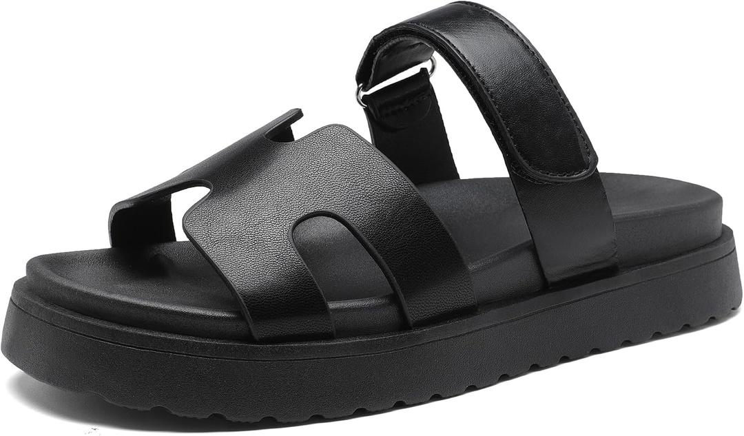 Women's Thick Platform Slide Sandals anti-slip Sole Open Toe Strap Summer Flats Shoes (Black) 39
