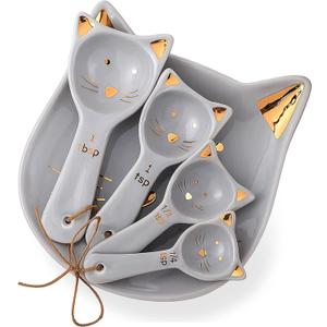 Patelai 5 Pcs Cat Measuring Spoons Set Kitchen Ceramic Counter Cat Ceramic Soup Spoon for Christmas Women Gift(Gray)