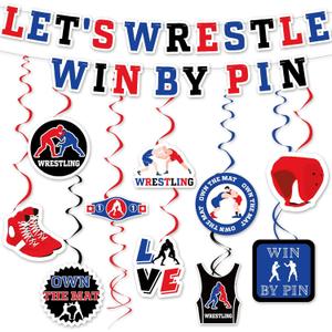 32 Pcs Wrestling Party Supplies Wrestling Birthday Decoration Include 2 Wrestling Themed Banner Garland and 30 Wrestling Hanging Swirls for Party Favors Wrestling Birthday Decor