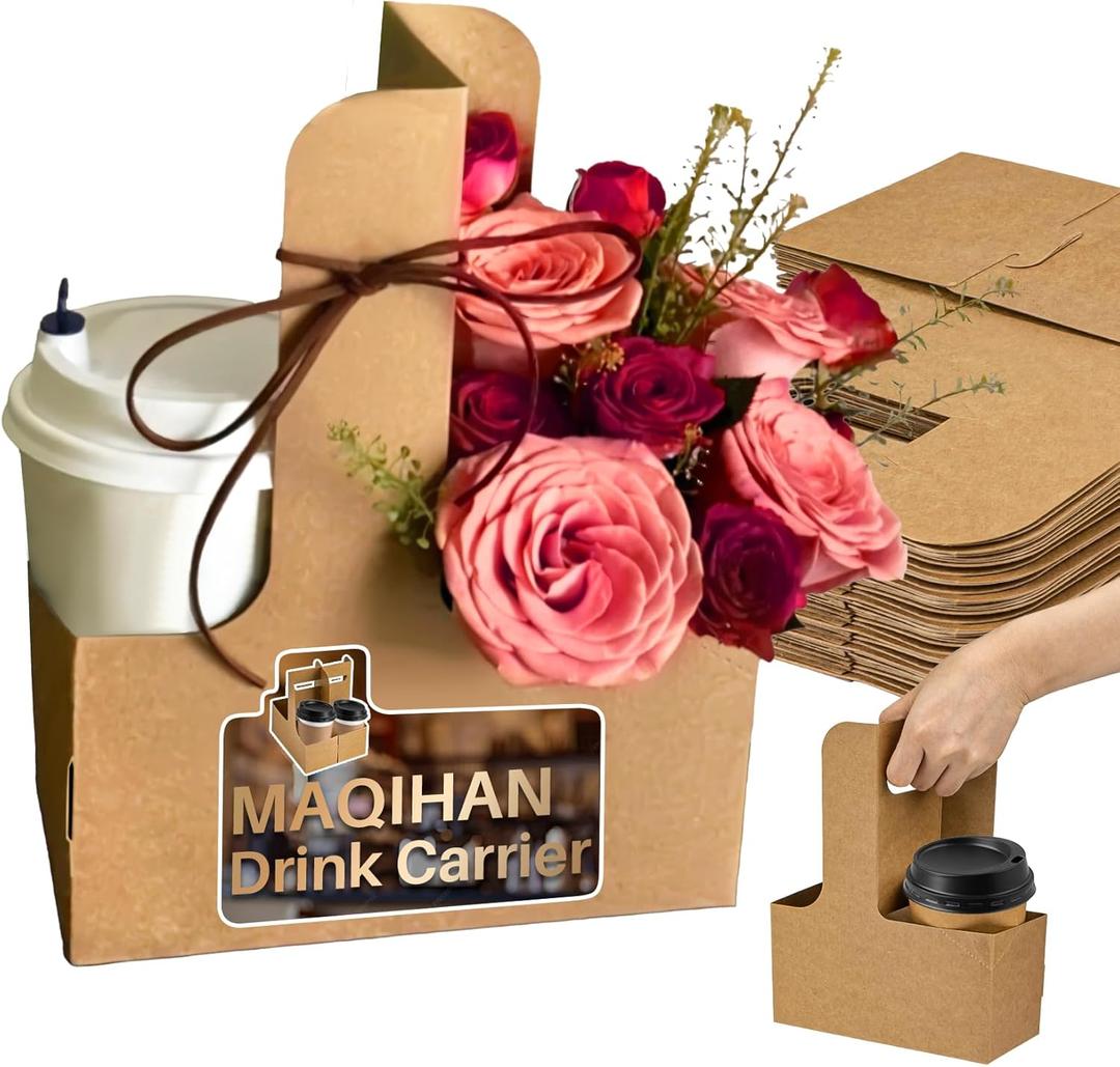 MAQIHAN 2 Cup Drink Carrier with Handle - 50Pcs Disposable Cardboard Coffee Cup Holder Portable Foldable Tray Drink Caddy Cup Carriers to go Cup Holder Food Delivery Accessories for Hot/Cold Drinks