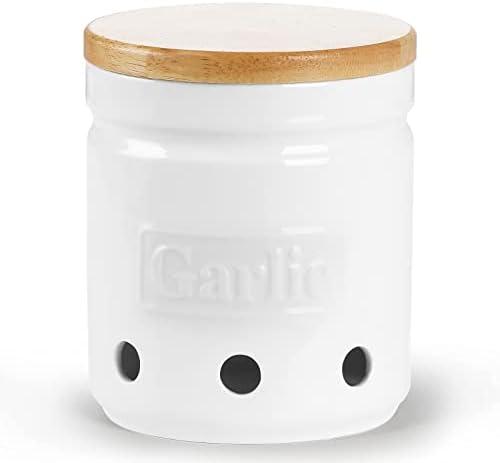 Large Garlic Keeper with Wooden Lid, Ceramic Garlic Holder Storage, Garlic Container for Kitchen, Garlic Saver to Keep Your Garlic Cloves Fresh Longer 4.5-Inch, White