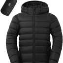 ASPO Men's Packable Puffer Jackets Winter Lightweight Detachable Hood Water-Resistant Down Coats Warm Insulated Hiking Travel, L