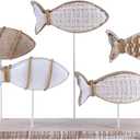 Wooden Fish Figurines with Jute Rope and Cotton String, Fish Sculpture Statues for Home Decoration, Table Top Nautical Decor for Living Room, Bedroom, Beachhouse Home Decor (JuteFish-5)