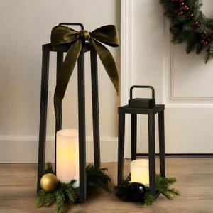 Integrated LED Solar Lantern Outdoor Large H24 Inch Black Metal Decorative Solar Light with Flickering Candle Waterproof Patio Lantern for Garden Pathway Porch Yard