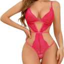 Women Lingerie Bodysuit Lace Teddy Snap Crotch One Piece Underwire Babydoll (Medium, Hot Pink)