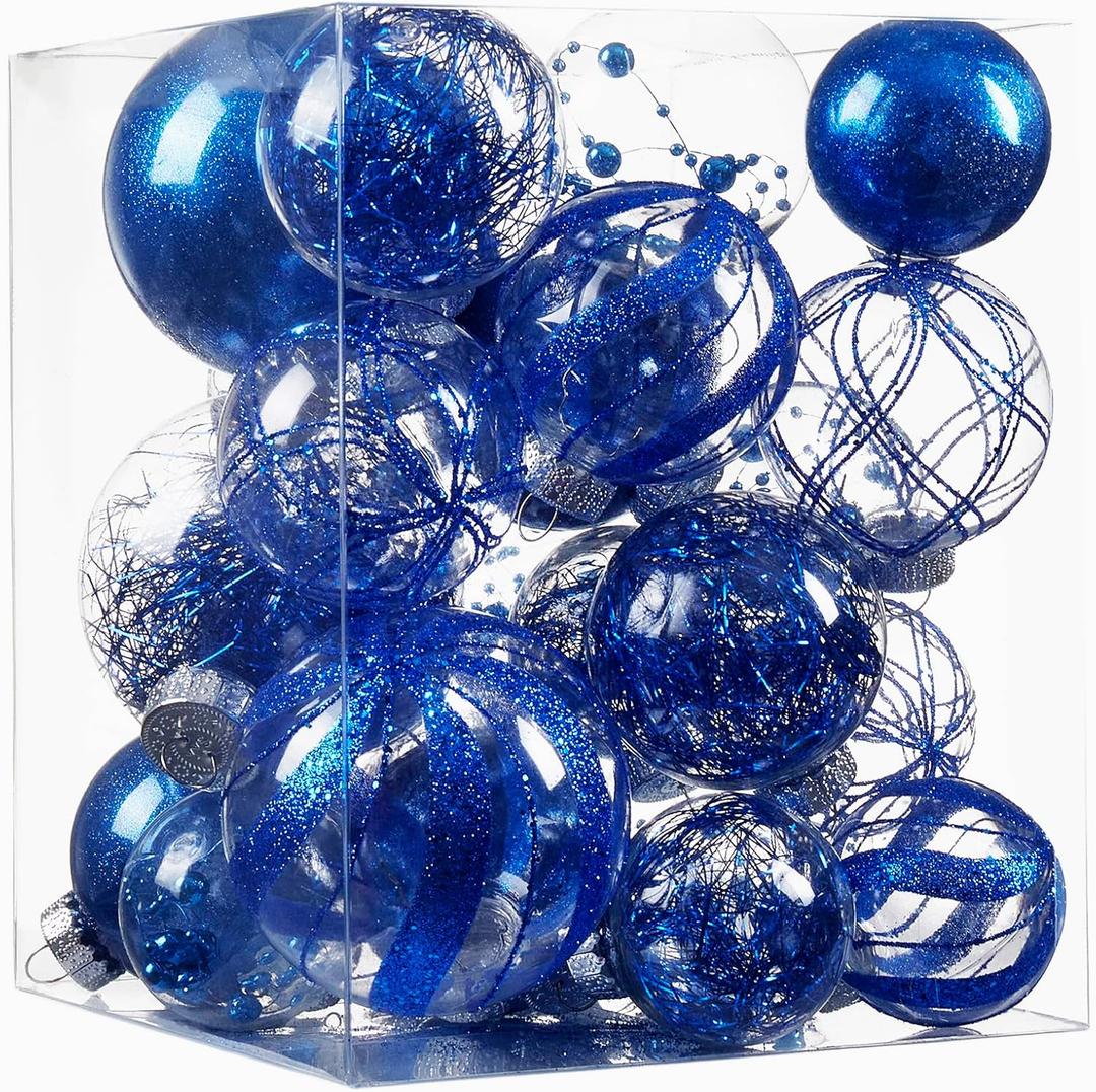 Clear Christmas Ball Ornaments,24ct Shatterproof Plastic Decorative Christmas Ornaments Hanging Xmas Tree Baubles Set for Holiday Party Home Decor(Blue) (Multi-Size/24-Pack)