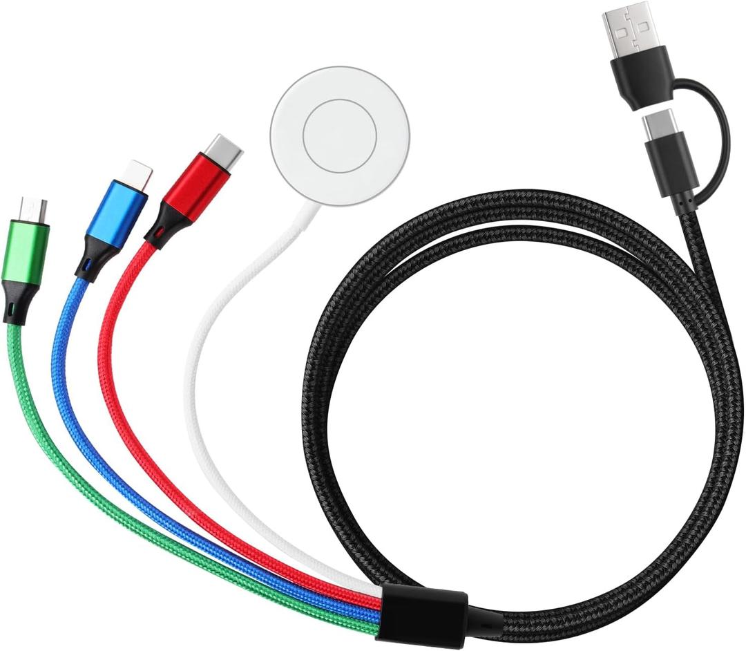 Multi Charging Cable for Apple Watch Charger/iPhone Charger, 4 in 2 Travel Essentials Cord for iWatch Ultra SE 10-1, iPhone 17-13, Android Phone, Upgraded Nylon Braided Multi Charger Cable (5FT)