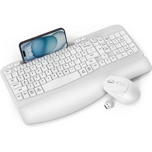 Wireless Keyboard and Mouse Combo, Full-Sized Ergonomic Wave Keys Keyboard with Memory Foam Wrist Rest & Phone Holder, 2.4G Quiet Keyboard Mouse Work Setup for PC Laptop, Office or Home (White)