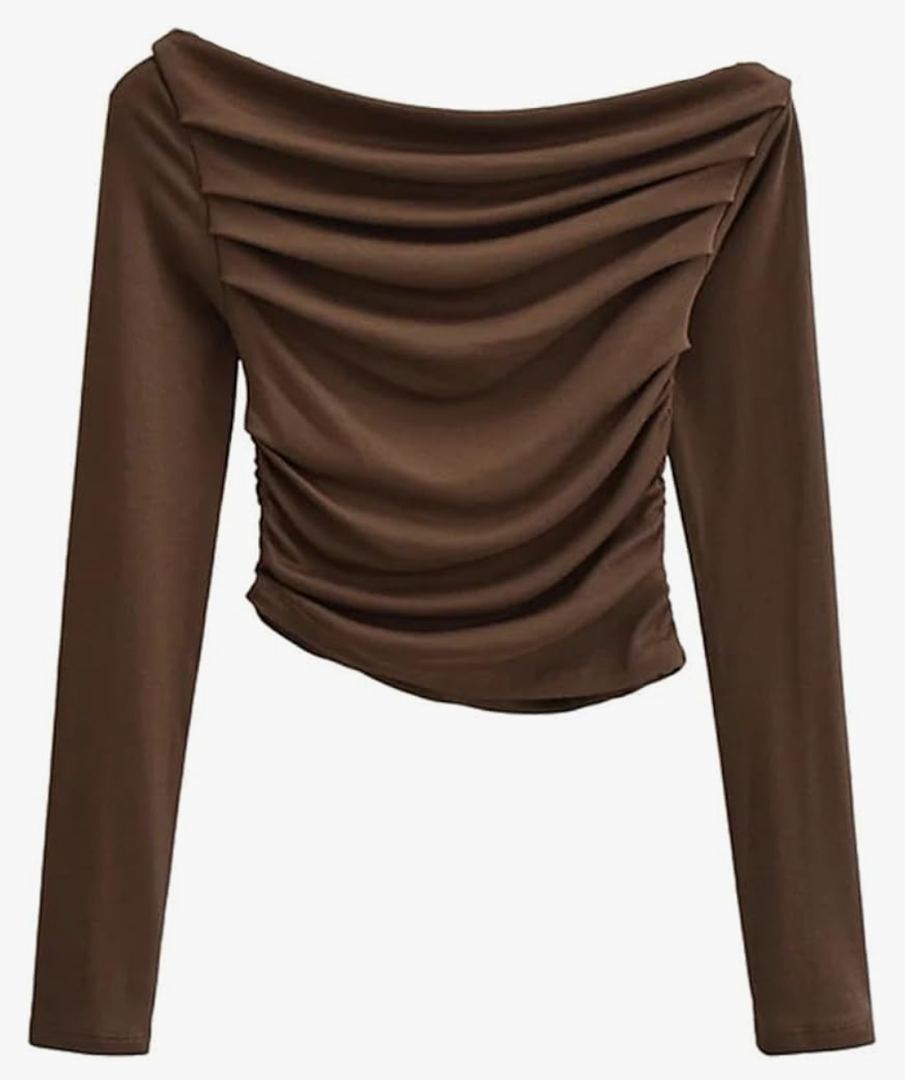 Women's Long Sleeve Crop Bottoming Shirt Solid Slash Neck Ruched Y2k T Shirt ,Size L