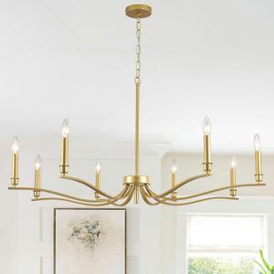 Gold Chandelier Light Fixture Modern Farmhouse Chandeliers for Dining Room 8 Light Candle Chandelier 44Inch Hanging Light Over Table for Foyer Entryway Bedroom Living Room Kitchen