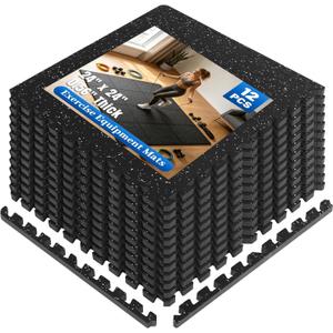 0.56" Thick Rubber Gym Floor Mats, 12 Tiles 48 Sq Ft, Heavy Duty Flooring | Thick Exercise Equipment Flooring Mat for Home Gym, rubber floor mats for Treadmill, Weightlifting & Workout Area, Non-Slip