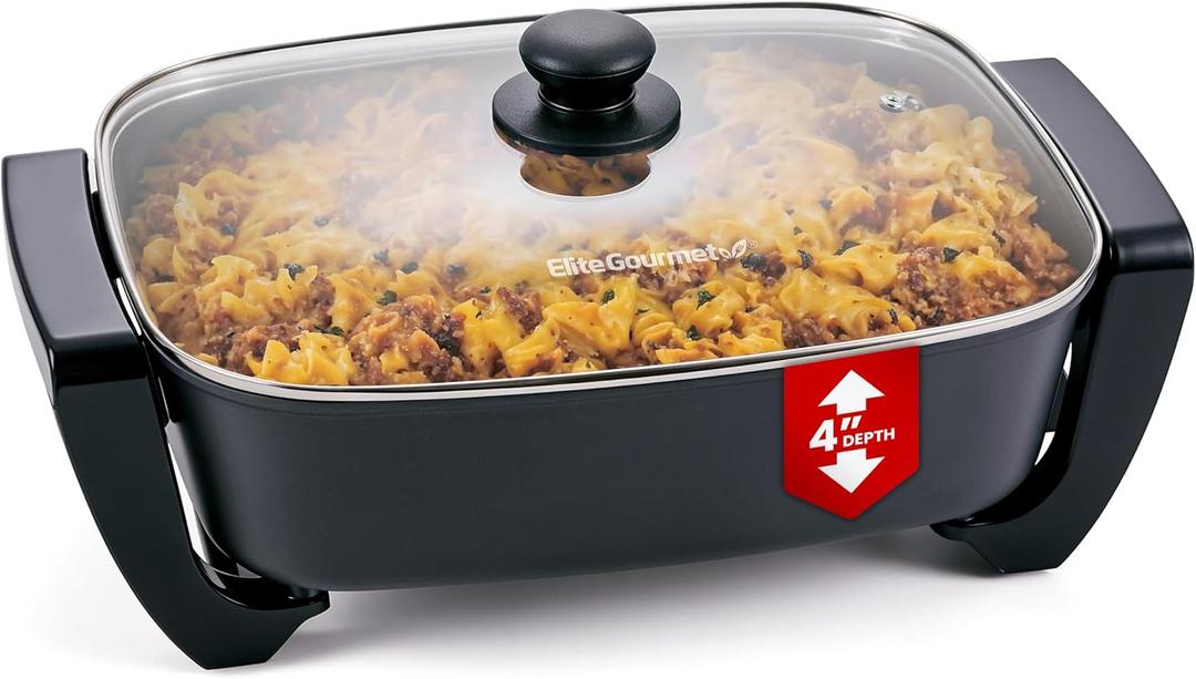 Elite Gourmet 15" x 12" x 4" Electric Skillet, Xtra Deep Dish, Ceralast PFAS Free Ceramic, 1500W Rapid Heat, Tempered Glass Vented Lid, Dishwasher Safe, 12.5 Qt., Black/Gray