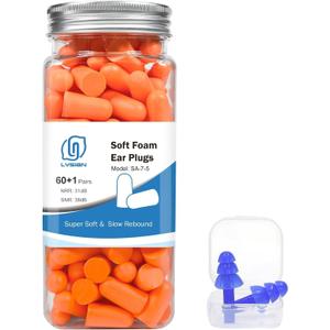 LYSIAN Soft Foam Earplugs 38dB SNR, 60 Pairs, Disposable Noise Cancelling Ear Plugs for Snoring, Work, Sleeping, Industrial, Shooting Range Hearing Protection- Orange