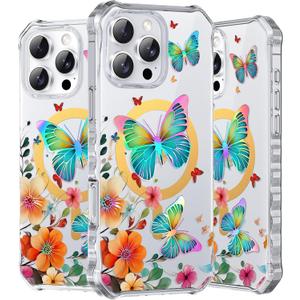 PIXIU Case for iPhone 16 Pro Max Compatible with Magsafe, Laser Glossy Pattern,Cute Curly Wave Clear TPU Bumper Military Grade Drop Protection Phone Cover for Women/Girls -Butterfly/Floral