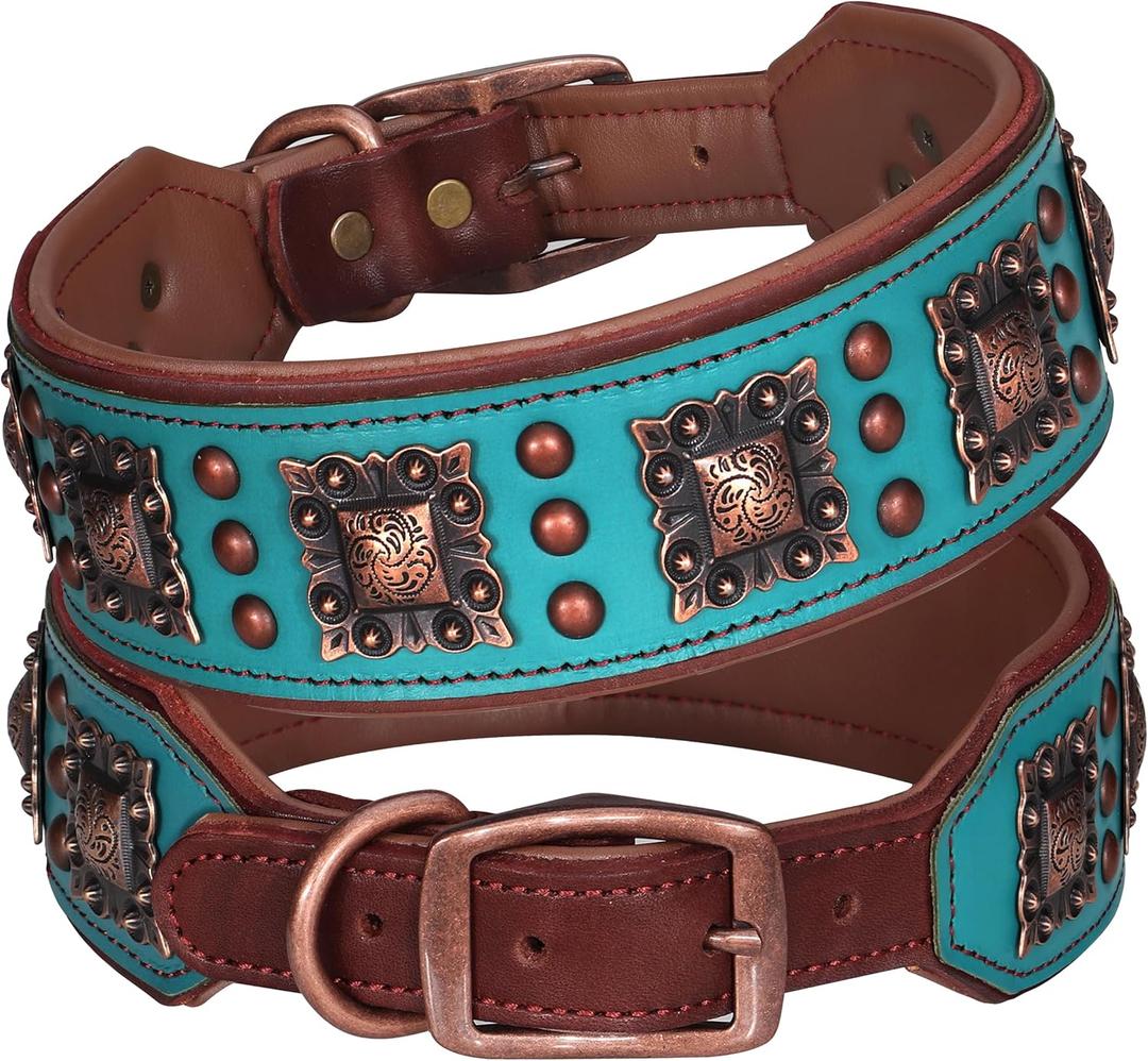PET ARTIST Genuine Leather Dog Collar for Large Dogs, 2 inch Wide Luxury Dog Collar with Rivet Studded & Metal Buckle, Comfortable & Stylish Pet Collars for Great Dane Rottweiler,Green, XL Neck 22-25"