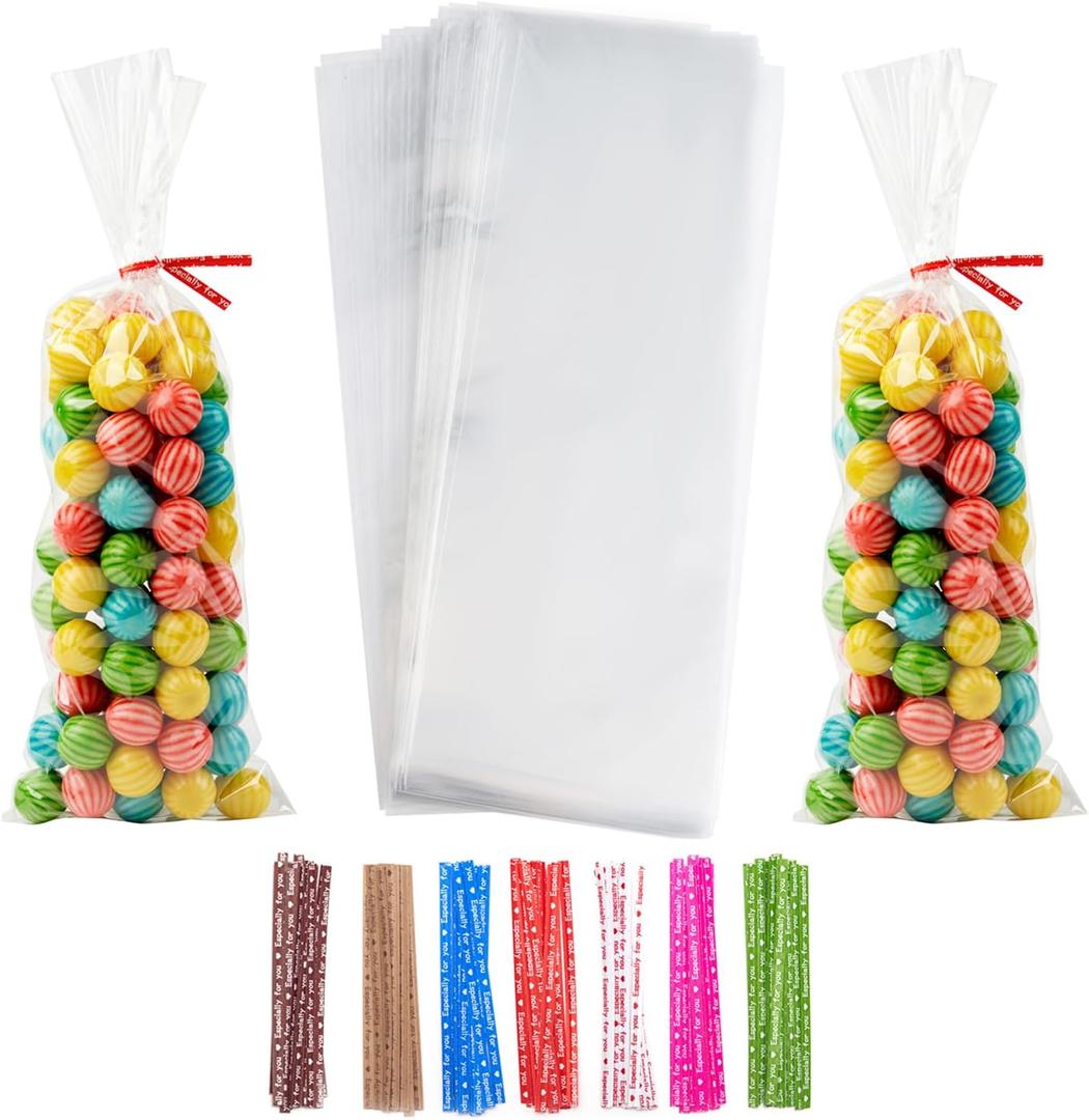 Volanic 100PCS Clear Treat Bags 5X11 Inches OPP Cello Cellophane Flat Bag With Colorful Twist Ties For Wedding Gift Candy Cookie Bakery Dessert Wrap