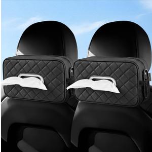 2 Pack Car Tissue Holder, Diamond-quilted Stitching Tissue Box Cover with 2 Mesh Storage Pockets, PU Leather Rectangle Napkin Organizer Fit for 90-160 Regular Size Tissues,Black