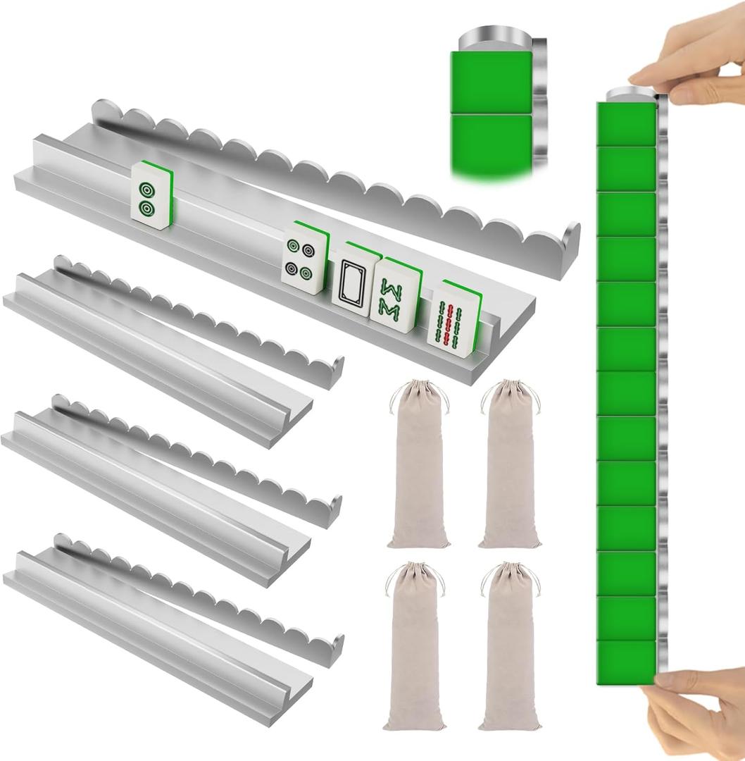 Upgraded Version,Mahjong Racks with Pushers,17 Inch,Wooden American Mahjong Tile Pushers and Racks Set of 4, with 4 Mahjong Racks Drawstring Bag, Mahjong Accessories(Silvery)
