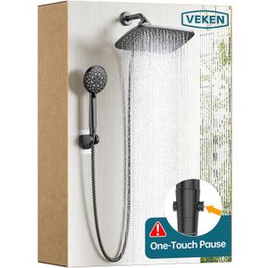Veken 11.8 Inch Rain Shower Head with Handheld- High Pressure Dual Shower Heads with 5 Modes Handheld Spray Combo- Wide Rainfall Showerhead with Hose, Bathroom Accessories, Matte Black