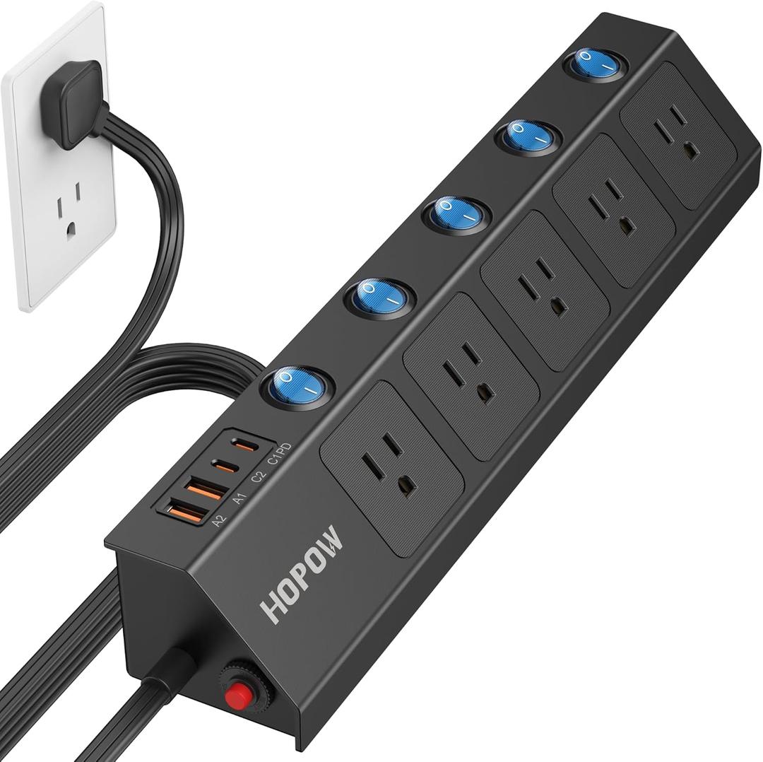 Flat Plug Power Strip with Individual Switches, 10 Ft Ultra Thin Flat Extension Cord, 5-Outlet Surge Protector with 2 USB-C (20W PD) & 2 USB-A, 1700 Joules, Wall Mount for Home Office, Black