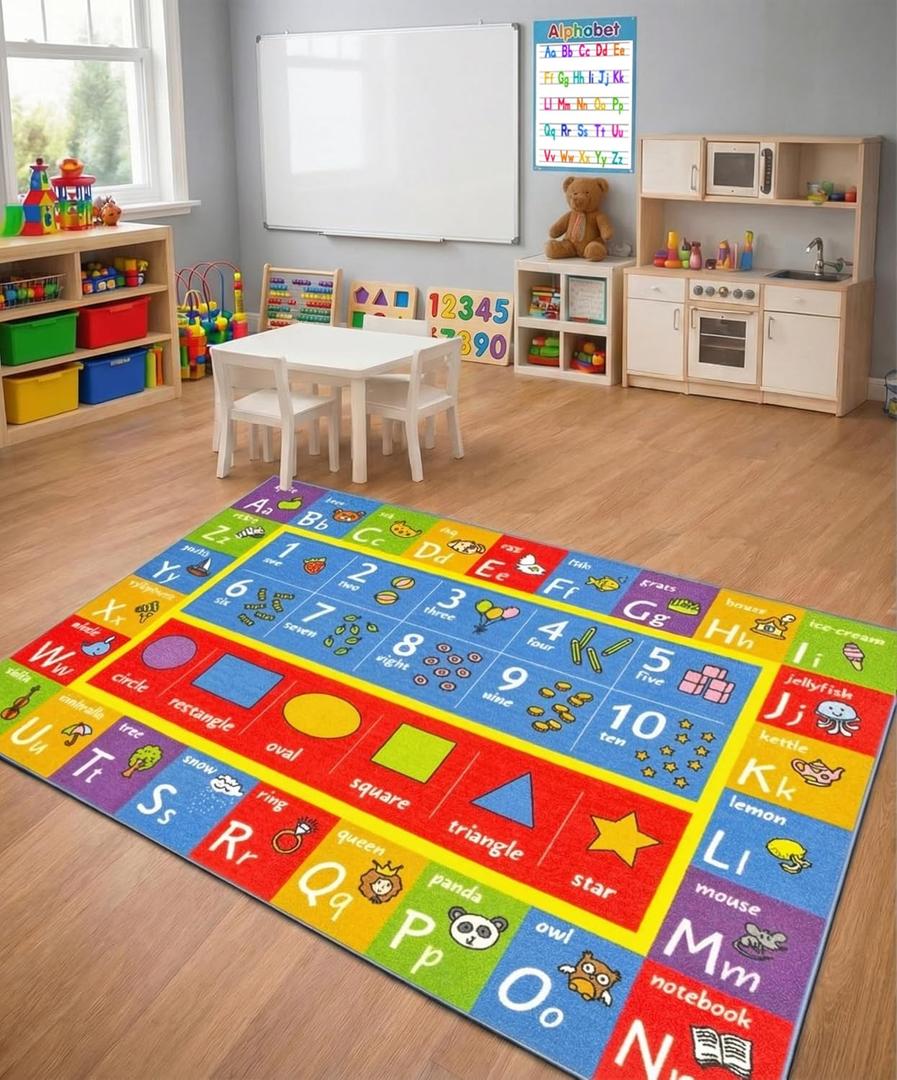 KC Cubs: Educational Rug: ABC Alphabet, Numbers & Shapes - 3x5' Playmat - Interactive Play, Activity Area Carpet, Bedroom-Classroom, Baby-Toddler-Kids (3'3" x 4'11" (Rectangular))